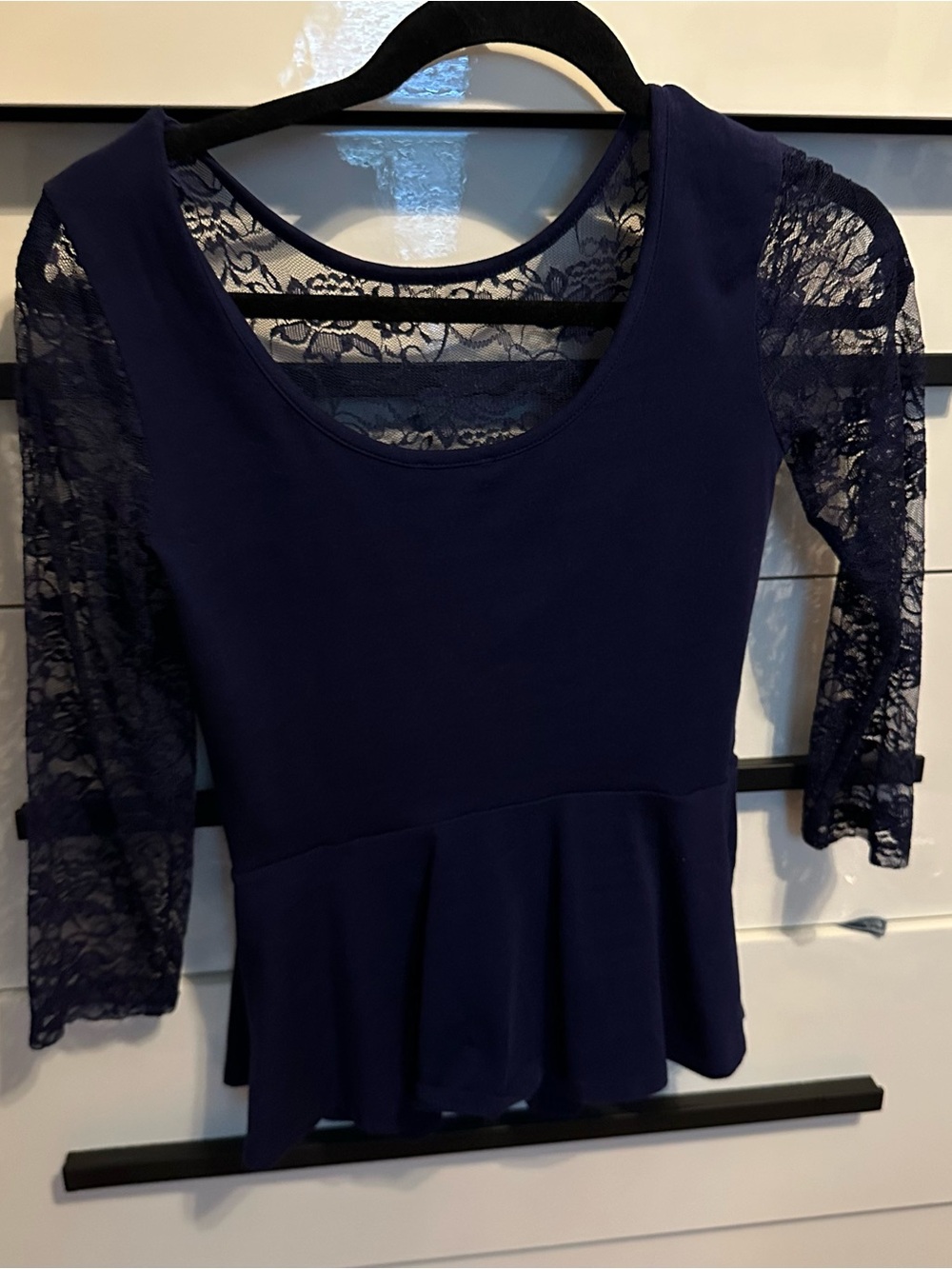 Express Navy Lace Sleeve Peplum Top - Women